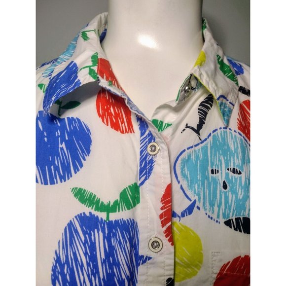 Talbots Apple Print Shirt Size XS Petite Roll Tab Sleeves Colorful Artsy Button - Picture 2 of 8